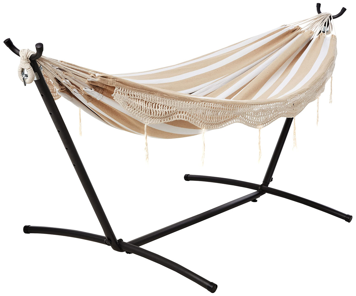 Amazon Basics double hammock in beige stripe with lace for cozy backyard lounging.