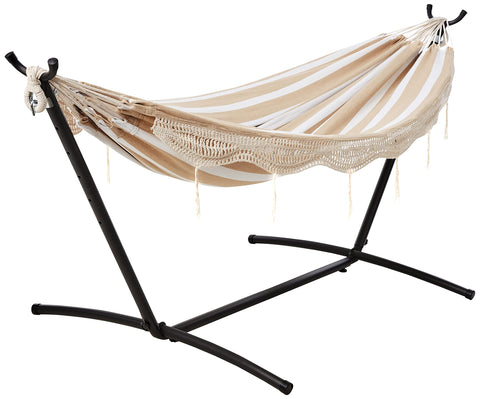 Amazon Basics double hammock in beige stripe with lace for cozy backyard lounging.
