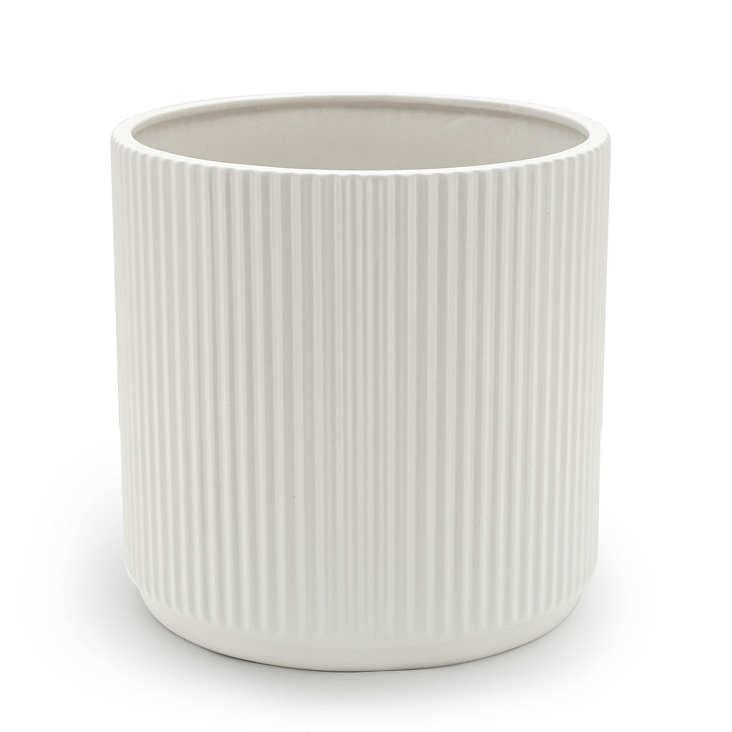 Amazon Basics fluted ceramic round planter with drain hole for versatile indoor and outdoor use.