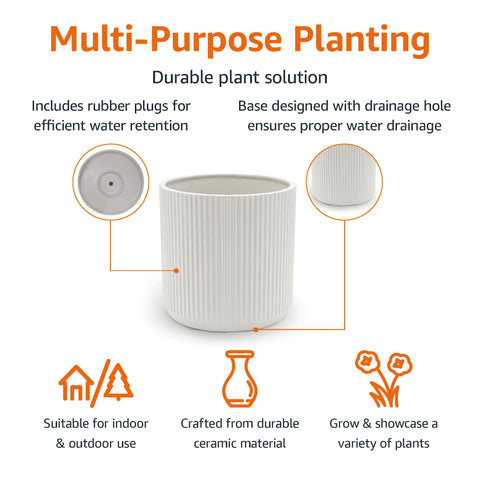 Drainage hole and white fluted ceramic finish on Amazon Basics planter for moisture control.