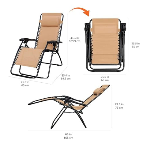 Amazon Basics foldable lounge chair in beige for easy portability to beach or campsite.