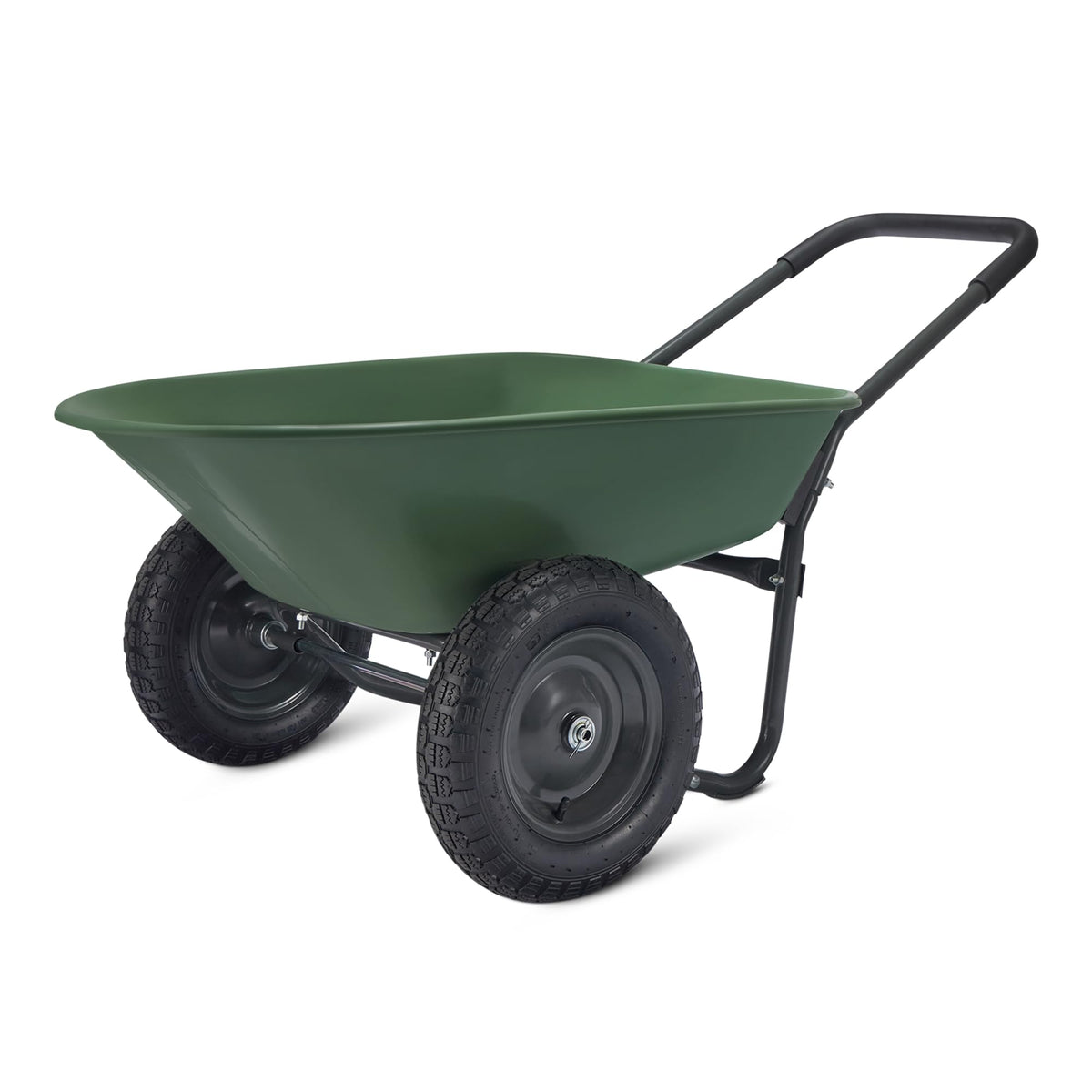 Amazon Basics garden wheelbarrow front view highlights sturdy steel frame and large capacity.