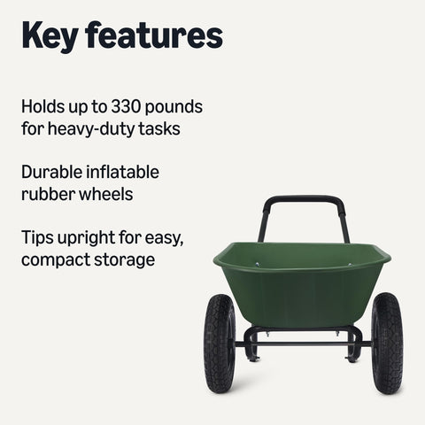 Amazon Basics garden wheelbarrow side view shows wheel and bucket for heavy materials.