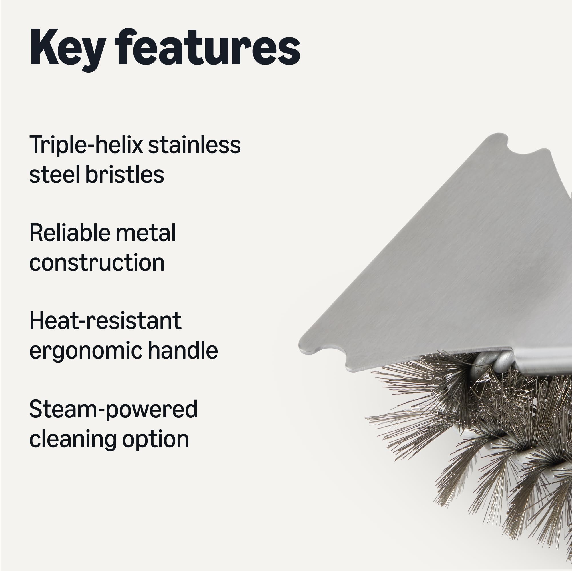 Amazon Basics grill brush deluxe-handle side view highlights ergonomic grip for comfortable scrubbing.