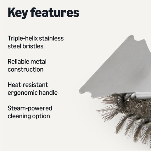 Amazon Basics grill brush deluxe-handle side view highlights ergonomic grip for comfortable scrubbing.