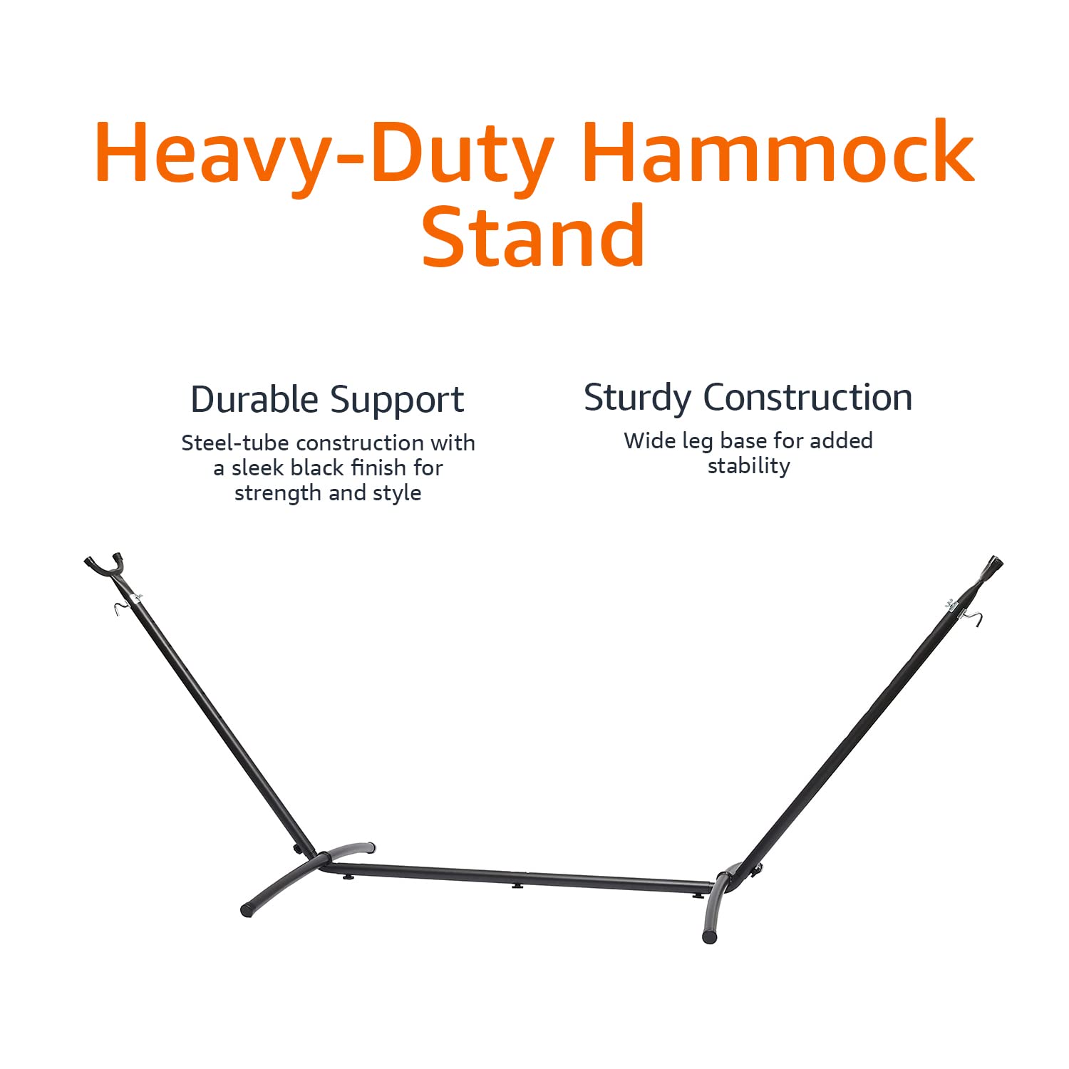 Amazon Basics hammock stand black finish blends with outdoor decor.