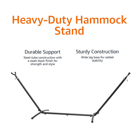 Amazon Basics hammock stand black finish blends with outdoor decor.