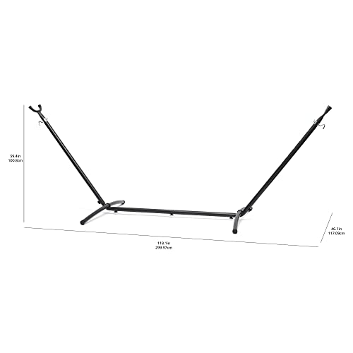 Amazon Basics hammock stand dimensions 118.1 by 46.1 by 39.4 inches.