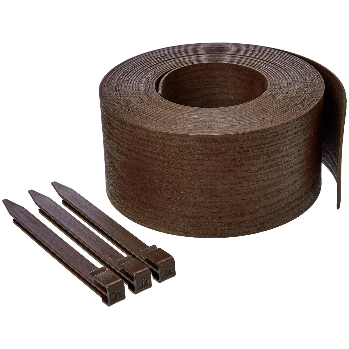 Amazon Basics landscape edging coil in brown defines curved garden borders.