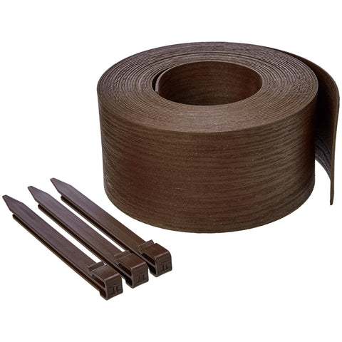 Amazon Basics landscape edging coil in brown defines curved garden borders.