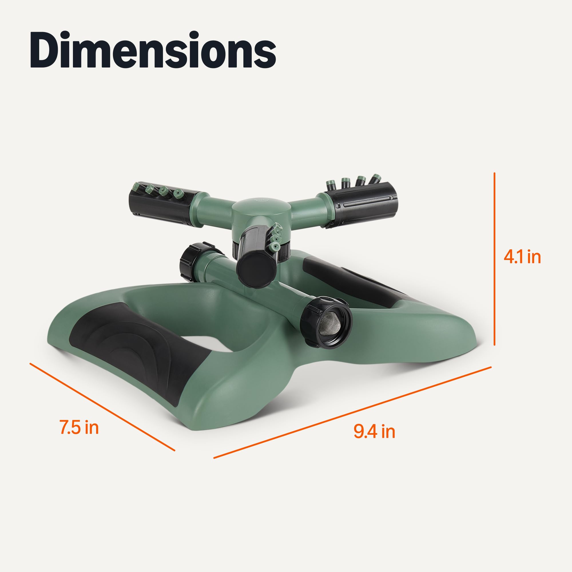Amazon Basics lawn sprinkler compact footprint with dimensions 9.4 x 7.5 x 4.1 inches.