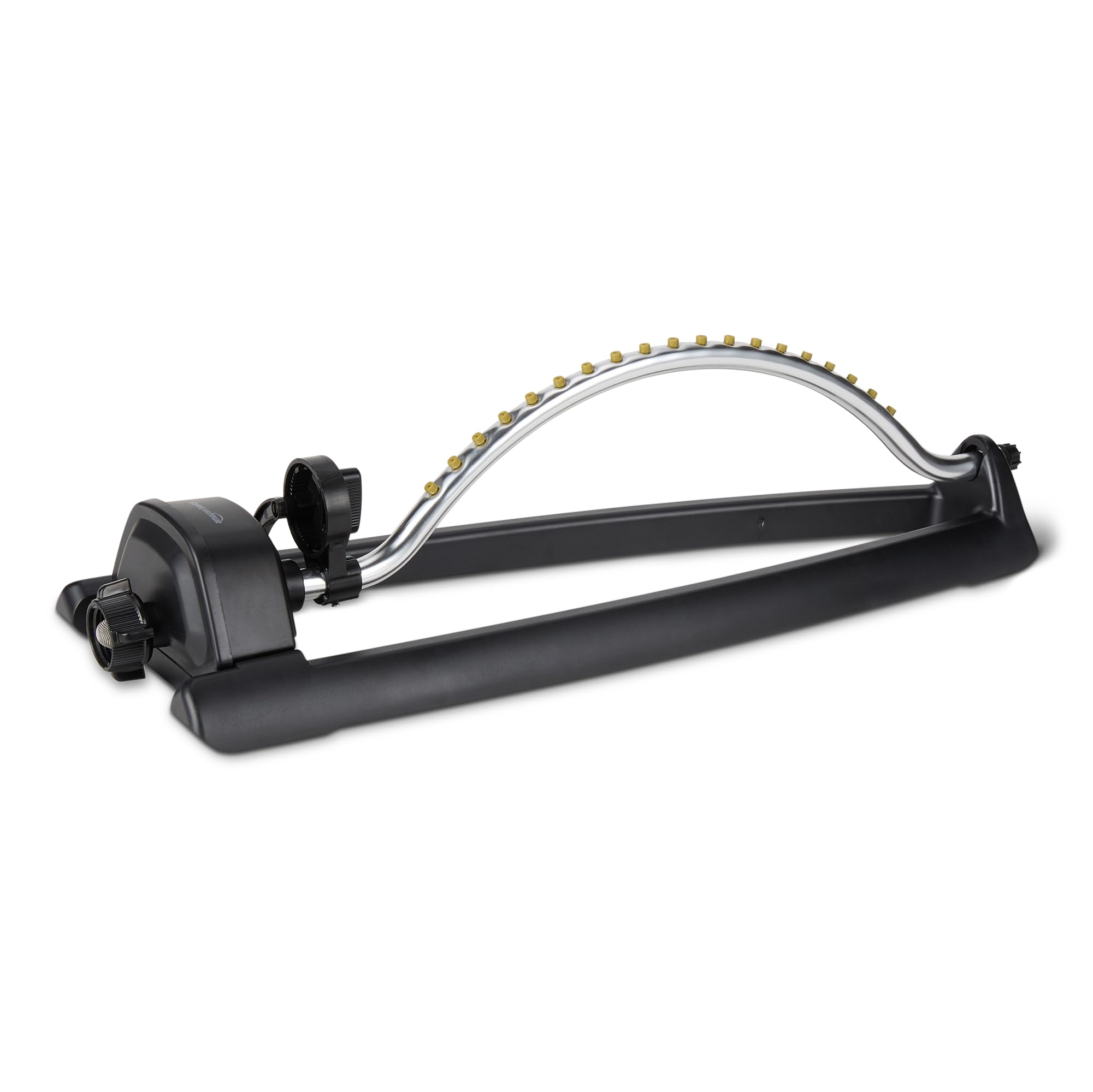 Amazon Basics oscillating sprinkler demonstrates wide coverage for lawns up to 3600 sq ft