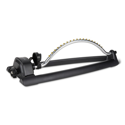 Amazon Basics oscillating sprinkler demonstrates wide coverage for lawns up to 3600 sq ft