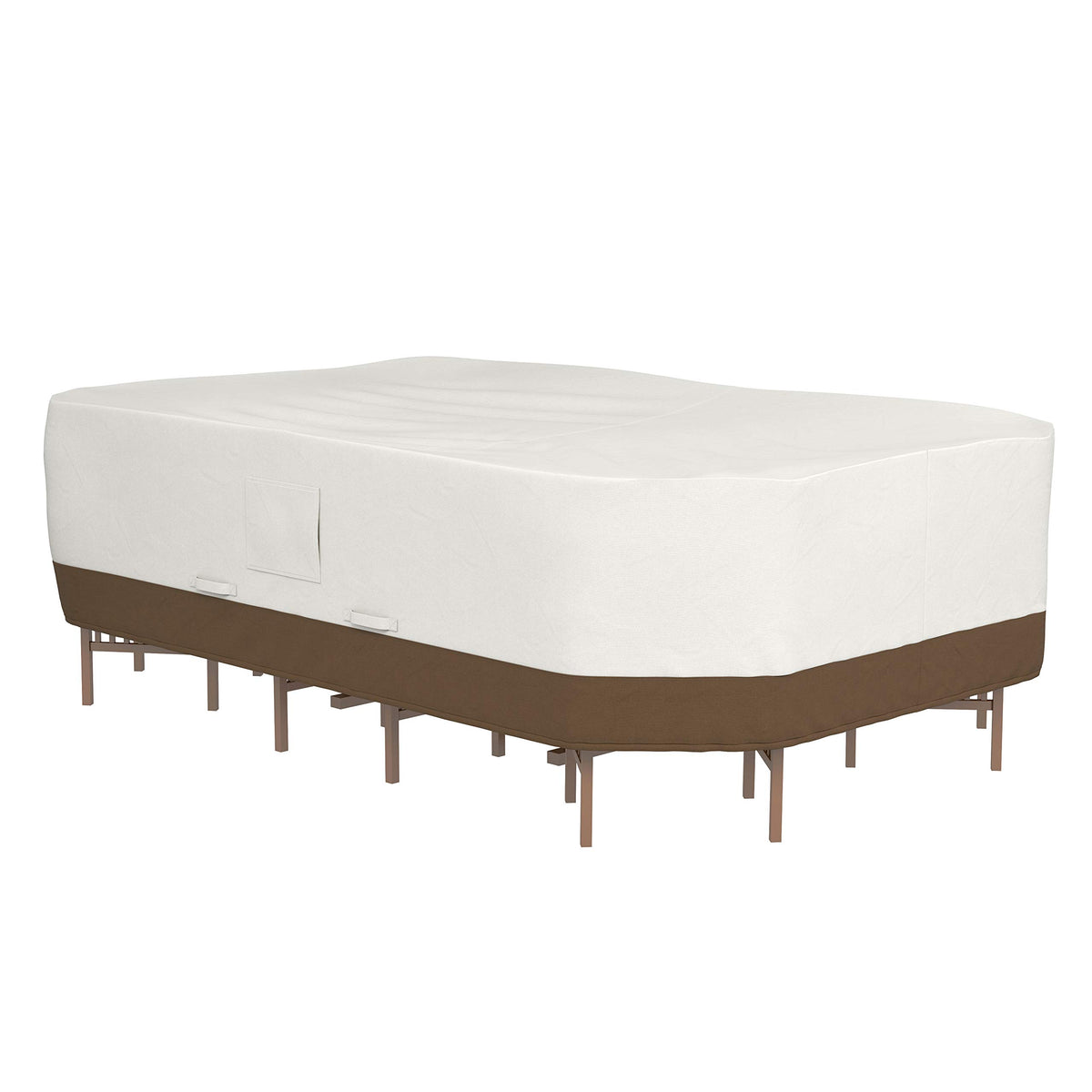 Amazon Basics outdoor cover on rectangular patio set protects from rain and sun.