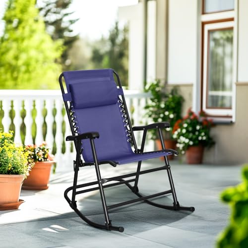 Amazon Basics rocking chair blue backrest supports comfortable seating.