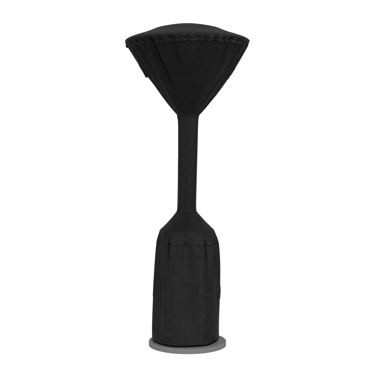 Amazon Basics cover on a stand-up outdoor heater shields against wind.