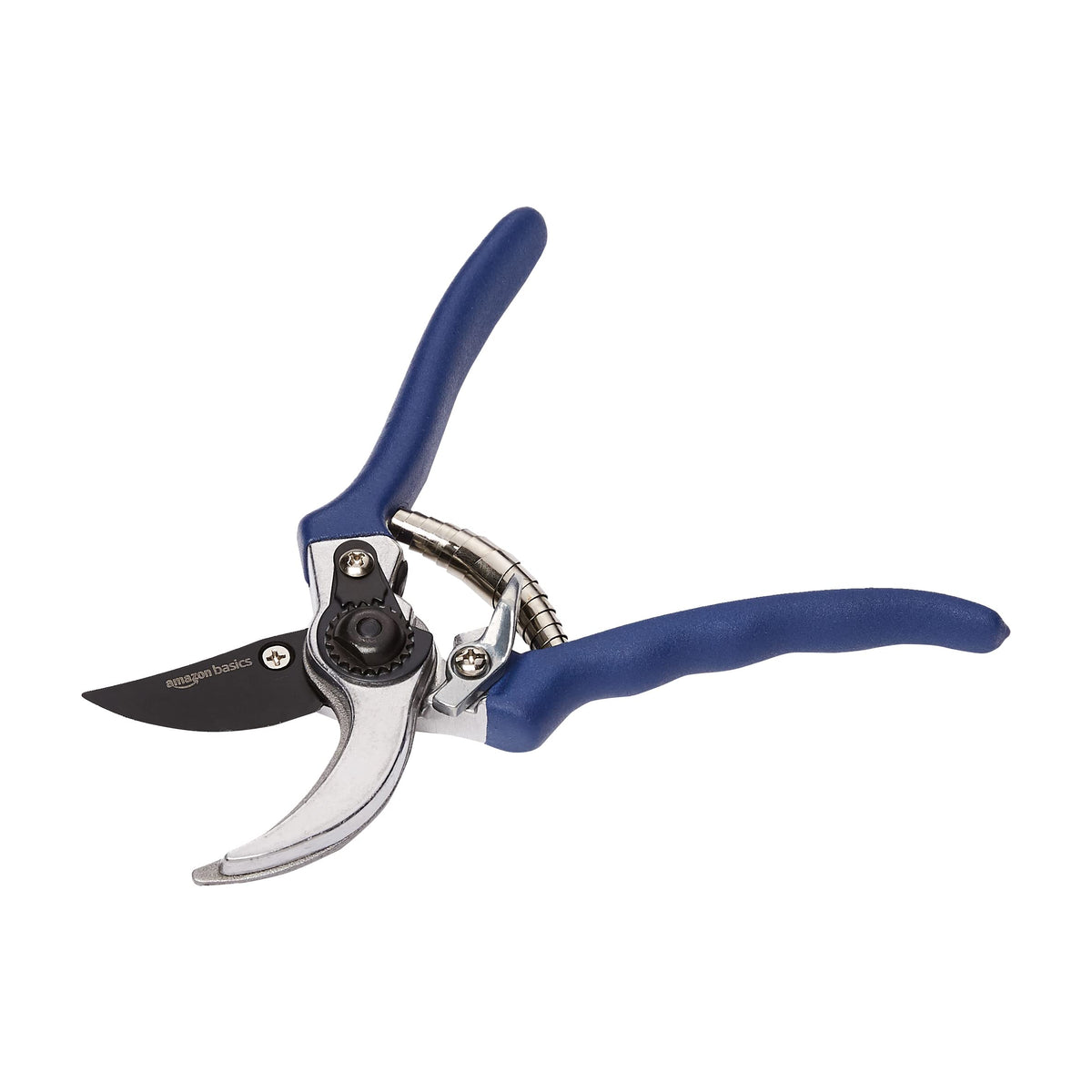 Amazon Basics professional bypass pruning shears blade close-up shows 8-inch blade for clean cuts.