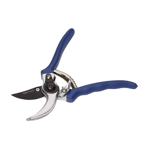 Amazon Basics professional bypass pruning shears blade close-up shows 8-inch blade for clean cuts.