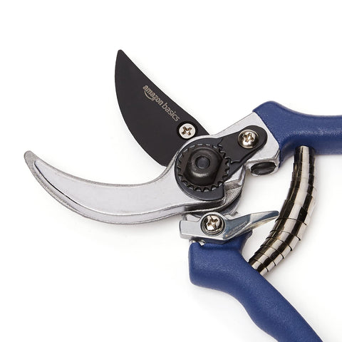 Amazon Basics pruning shears rust-resistant zinc alloy resists sap.
