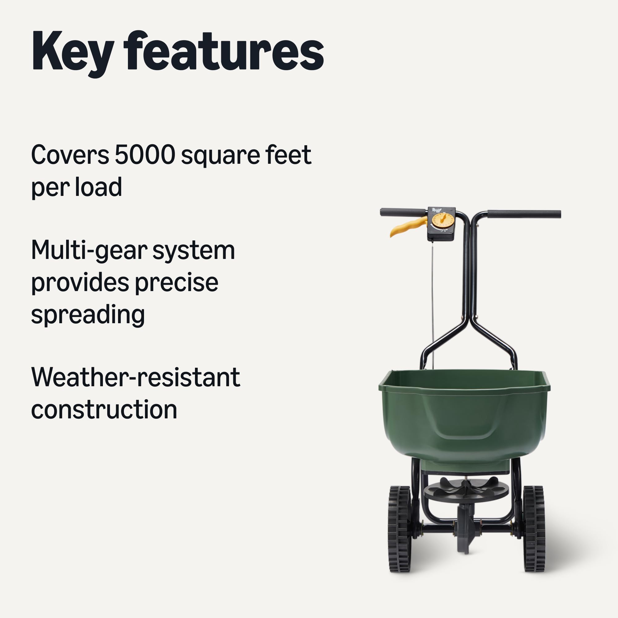Amazon Basics spreader demonstrates 5000 sq ft coverage for larger lawns