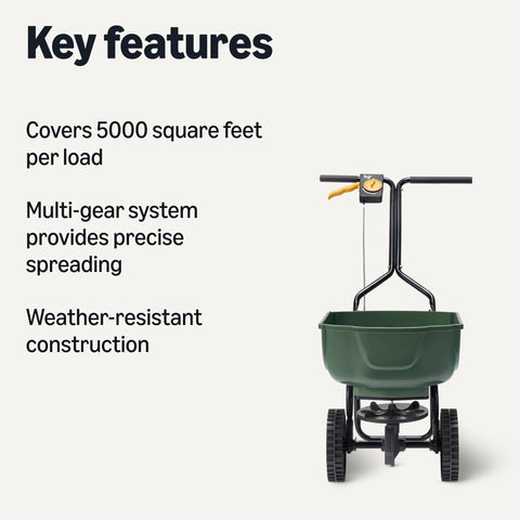 Amazon Basics spreader demonstrates 5000 sq ft coverage for larger lawns
