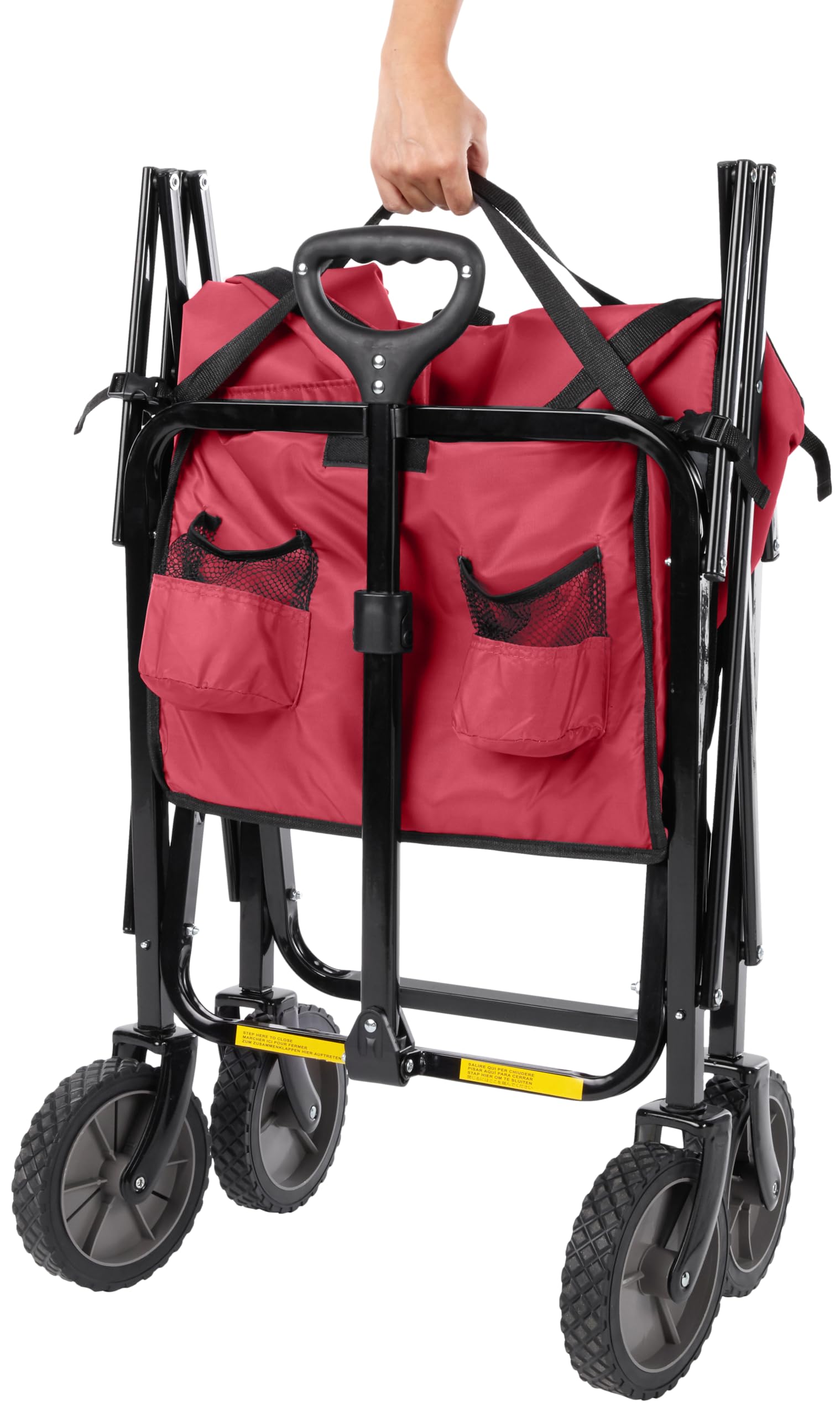 Amazon Basics folding wagon with storage bag for compact storage.