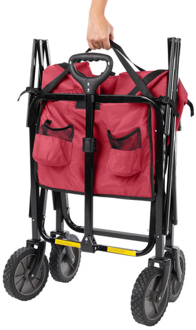 Amazon Basics folding wagon with storage bag for compact storage.