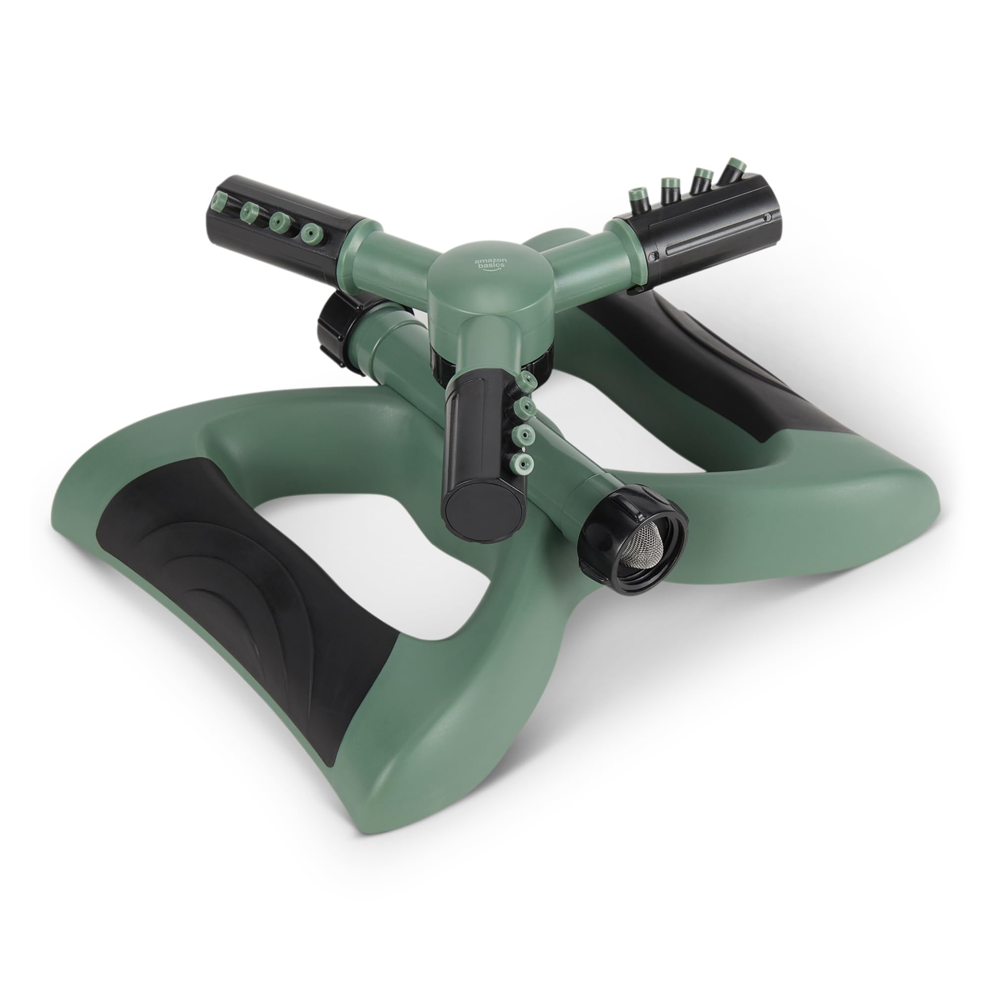 Amazon Basics whirling rotating lawn sprinkler covering about 1500 sq ft with even spray.