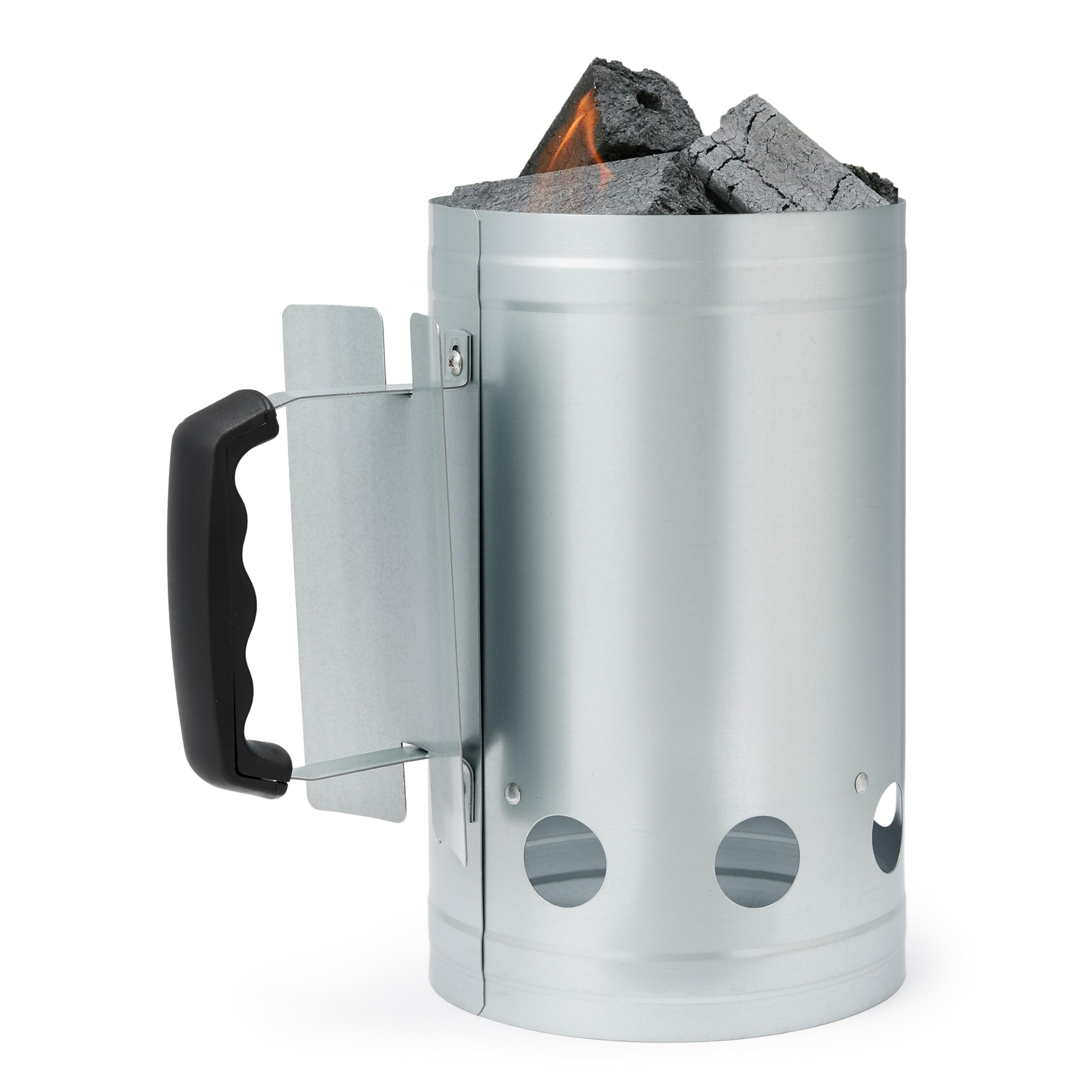 Amazon Basics fire starter chimney, top view, ready to ignite fast coal for grilling.