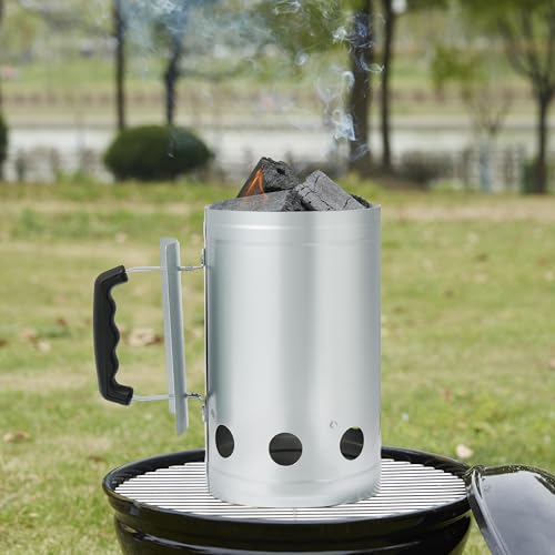 Amazon Basics fire starter chimney, close view of galvanized steel construction and vent.