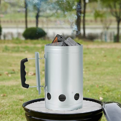 Amazon Basics fire starter chimney, close view of galvanized steel construction and vent.