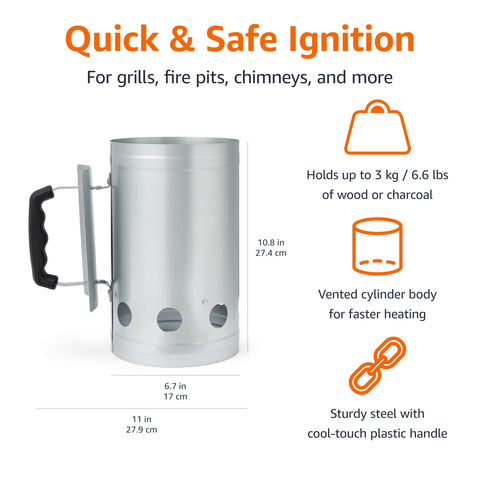 Amazon Basics charcoal starter, side angle, durable galvanized steel for outdoor use.