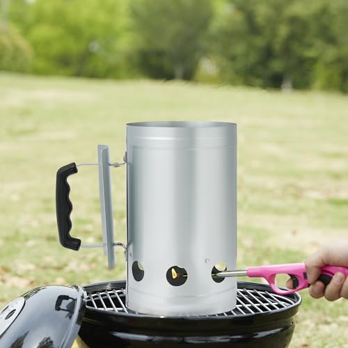 Amazon Basics fire starter chimney in use beside grill pit for ignition.