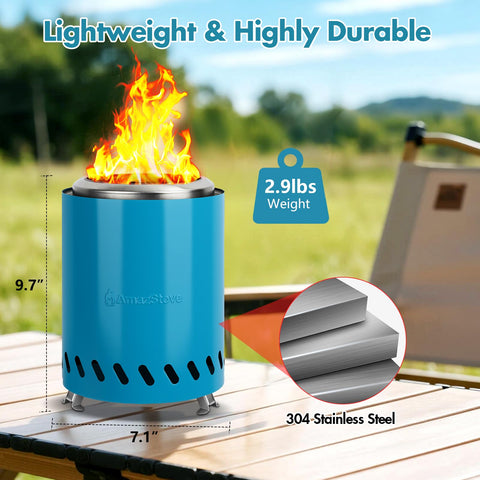 AmazStove 304 stainless steel construction emphasizes durable portability.