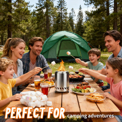 AmazStove family time around a modern tabletop fire pit