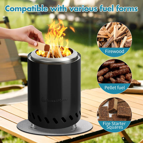 AmazStove large fuel capacity enables 50–60 minute burn sessions.