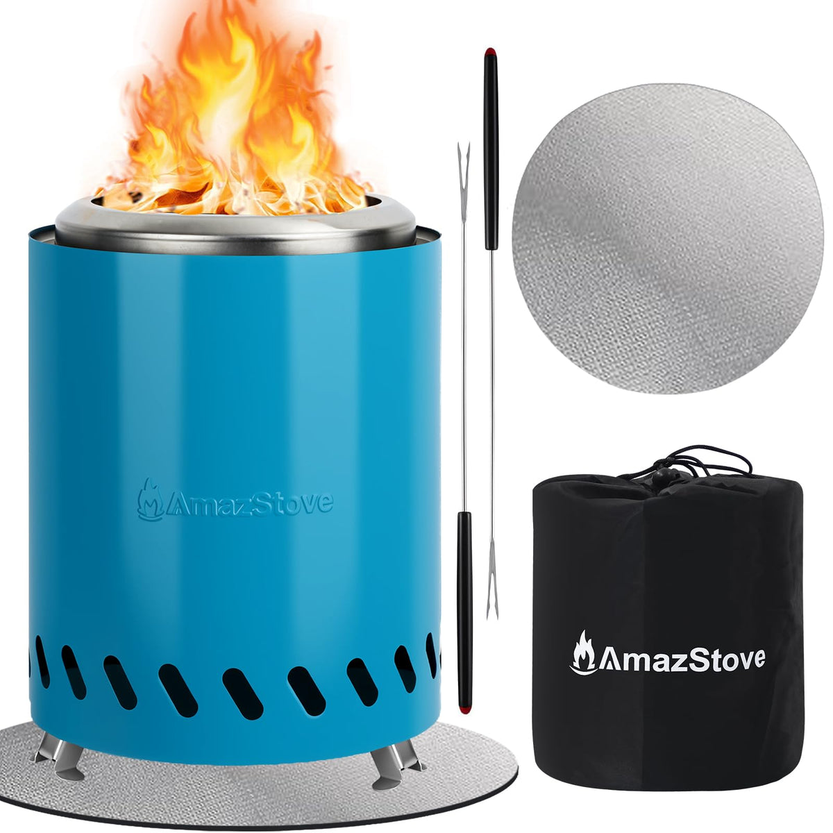 AmazStove table top fire pit blue for a cozy outdoor evening.