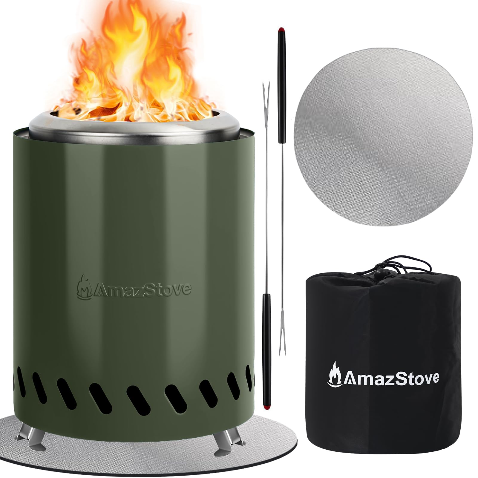 AmazStove table-top fire pit in green ready for outdoor gatherings and ambiance