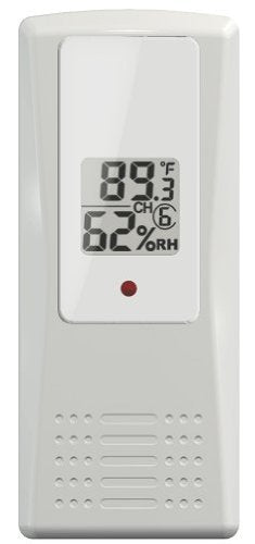 Ambient Weather F007TH wireless thermo-hygrometer displaying temperature and humidity for WS-07 compatibility.
