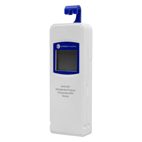 Ambient Weather WH51RF fridge sensor display shows temperature and humidity clearly.