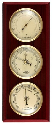 Ambient Weather YG315 cherry finish dial weather station on wall for easy readings