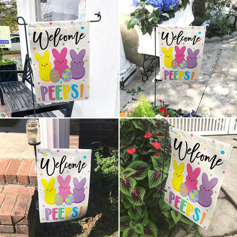 AMD PRINT Easter garden flag shows 12x18 size, versatile for porches and lawns.