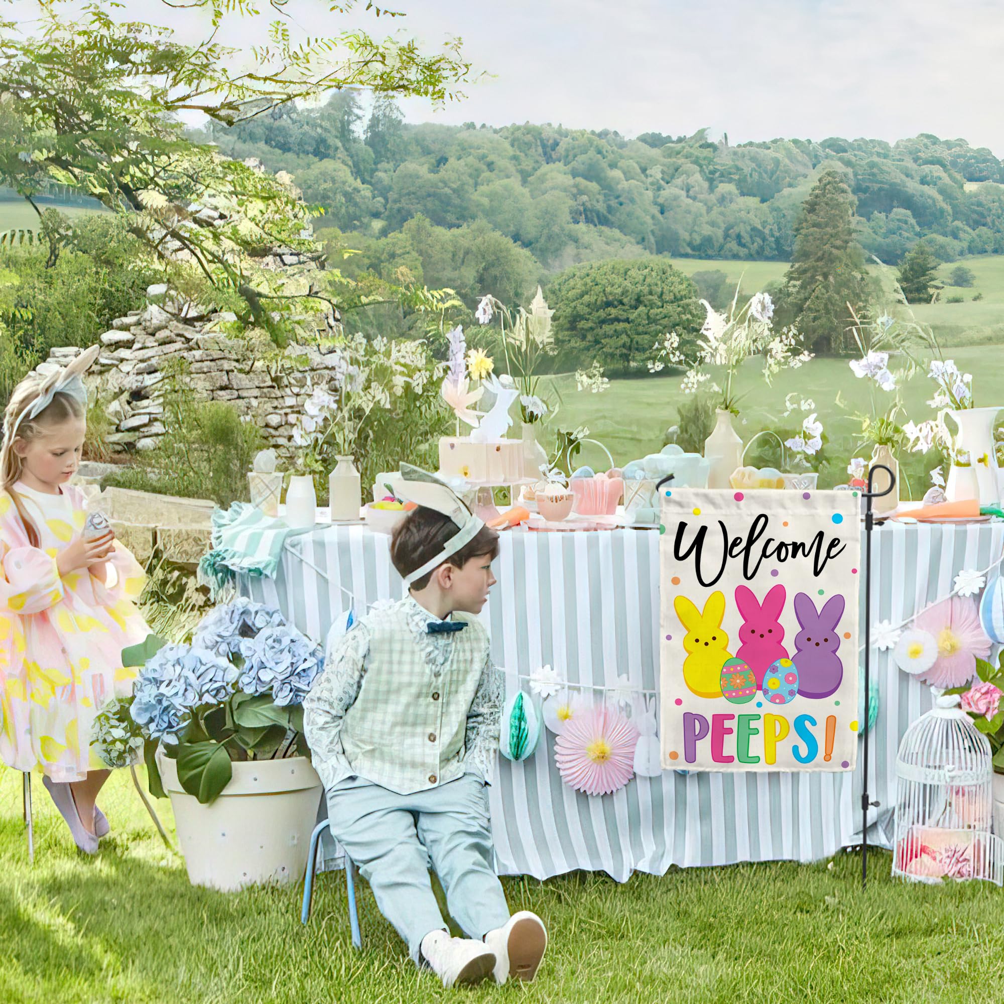 AMD PRINT Easter garden flag double-sided text readable from both sides.