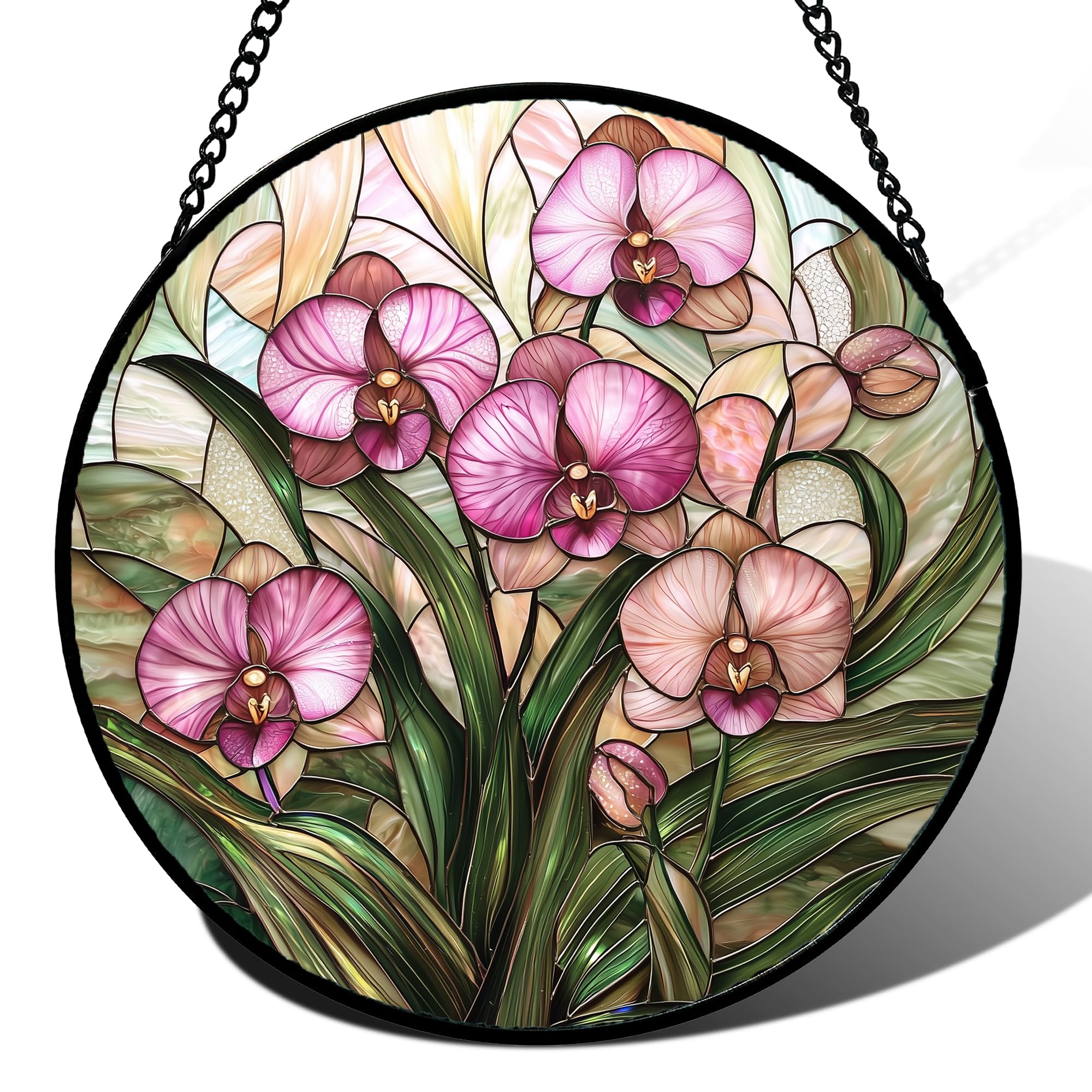 AMDERVEN pink Phalaenopsis orchid stained glass window hanging brightens spaces