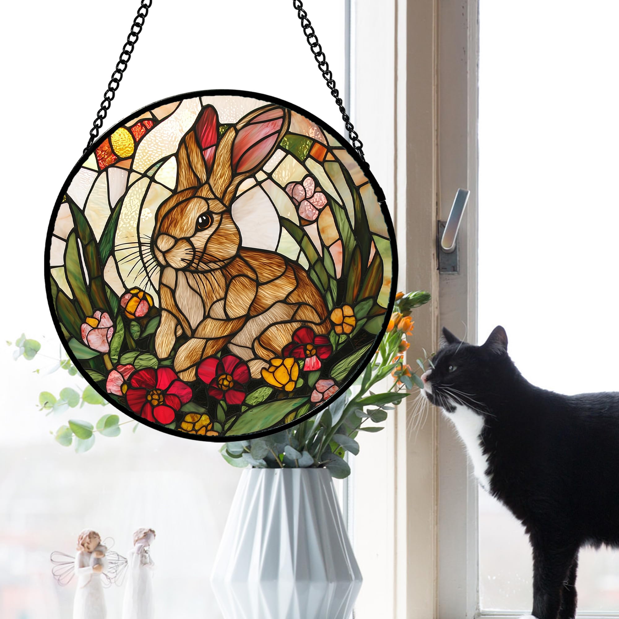 AMDERVEN bunny floral stained glass window hanging brings colorful light to any room.
