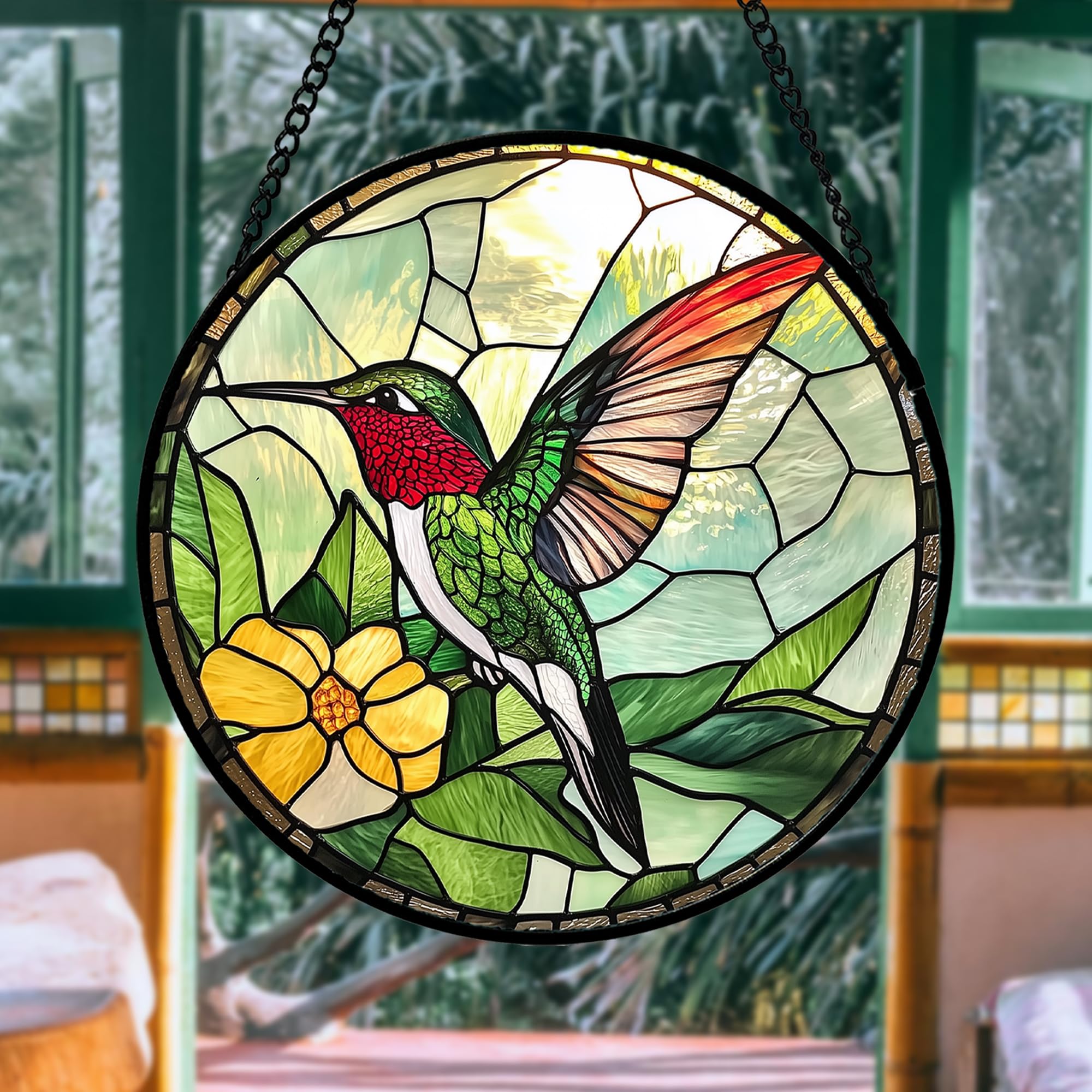 AMDERVEN green hummingbird suncatcher adds vibrant color to any room.