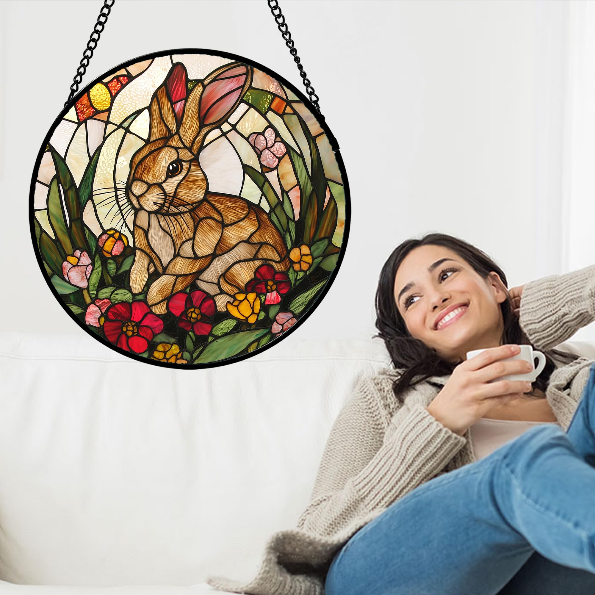 AMDERVEN intricate bunny floral design stained glass catches sunlight beautifully.