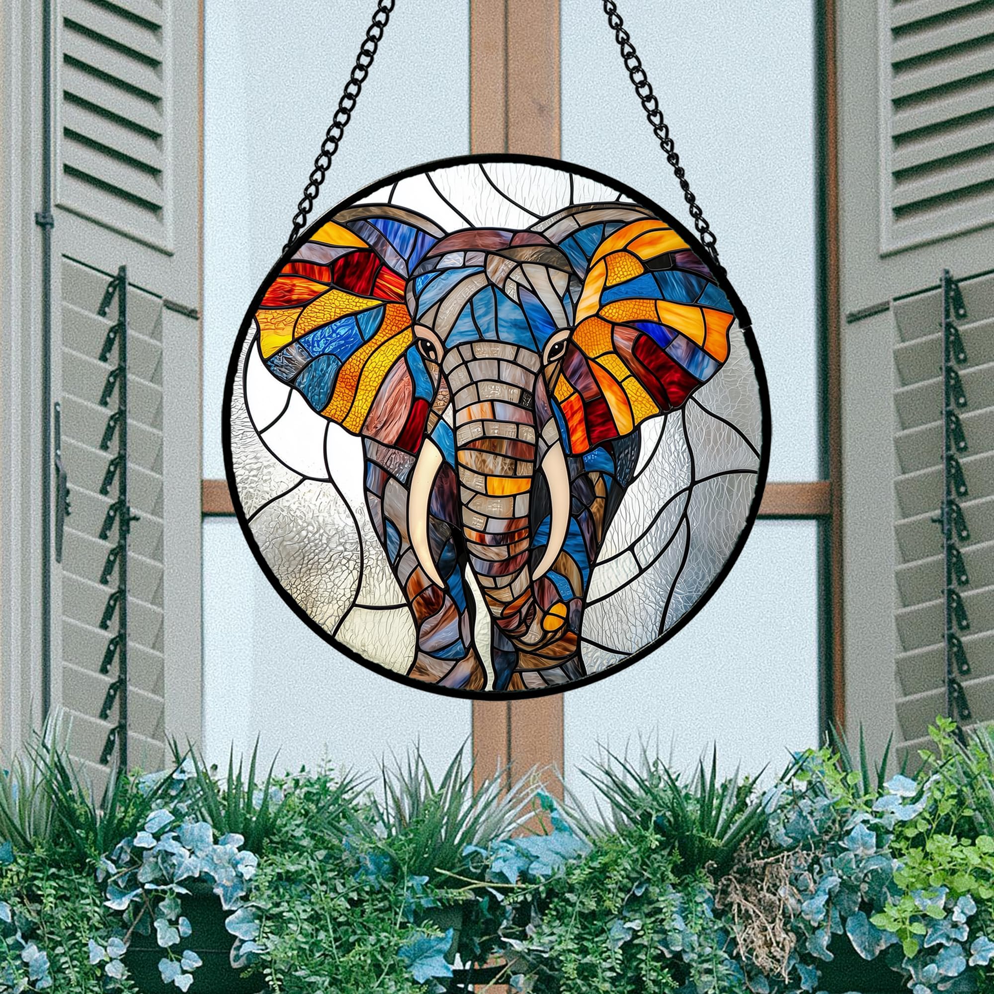 AMDERVEN intricate elephant glass artwork elevates window decor with detailed craft.