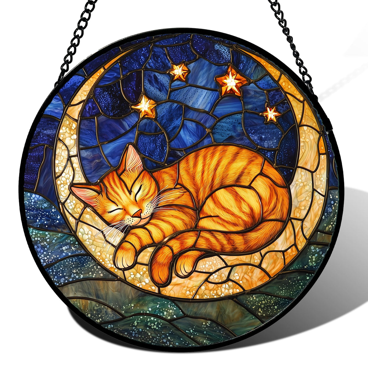 AMDERVEN Orange Moon Sleeping Cat window sun catcher adds warm color to your sunlight-filled room.
