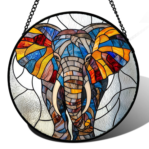 AMDERVEN stained glass elephant suncatcher creates rainbow light across windows.